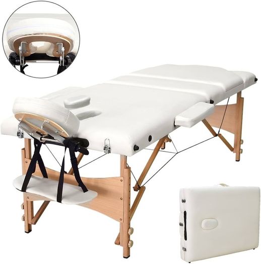 Portable Massage Bed Table - 3-Section Foldable Beauty Couch for Reiki Therapy Treatment Salon Healing - Metal Headrest Support/Carry Bag