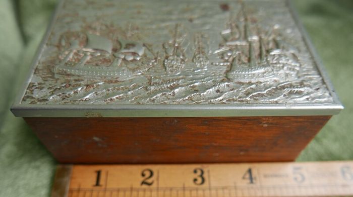 Vintage Wooden Cigarette Box with ship galleons decoration