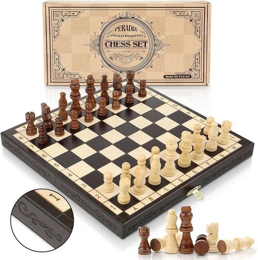 Chess Set | Wooden Chess Board Piece Set Games | 29x29cm Folding Chessboard for Storage | 2 Extra Queen | Strategy Educational Games for Kids and Adult