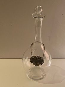 Reduced Hand blown vintage  glass decanter with  gin tag