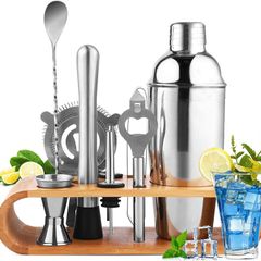 10pcs Set Cocktail Shaker Stainless Steel 350ml Cocktail Making Set with Wooden Stand Maker Drink Mixer Accessories Bar Tool Gift Set for Bartender Home
