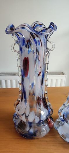 Set 2 Vintage Murano Tall Blue Carnival Confetti Vase With Ruffled Top, Hand Blown Blue Speckled Glass Vessel, Mid Century Italian Vase