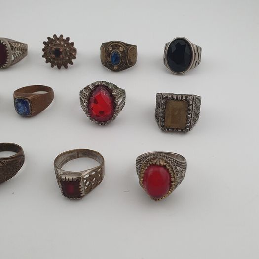 15 Antique Style Brass Rings Mixed Stone & Colourful Glass Accents