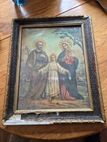 Beautiful antique religious print depicting the Holy Family.