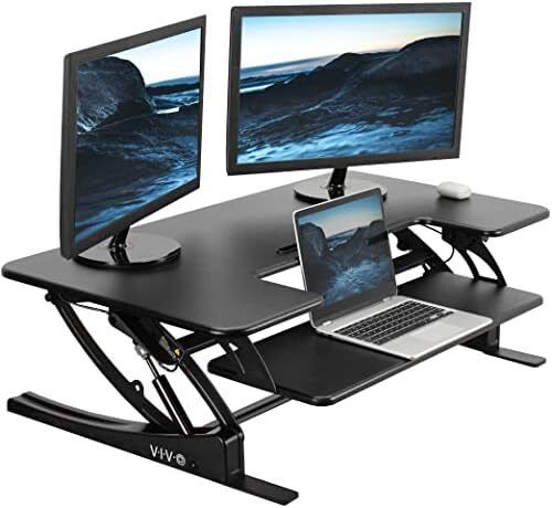 107cm Height Adjustable Stand Up Desk Converter, V Series, Quick Sit to Stand Tabletop Dual Monitor Riser Workstation, Black