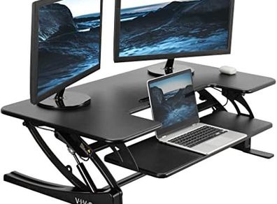 107cm Height Adjustable Stand Up Desk Converter, V Series, Quick Sit to Stand Tabletop Dual Monitor Riser Workstation, Black