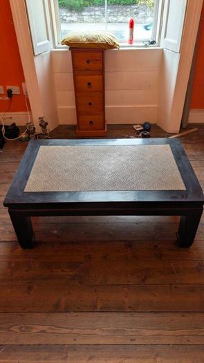 coffee table, black lacquered with rattan inset