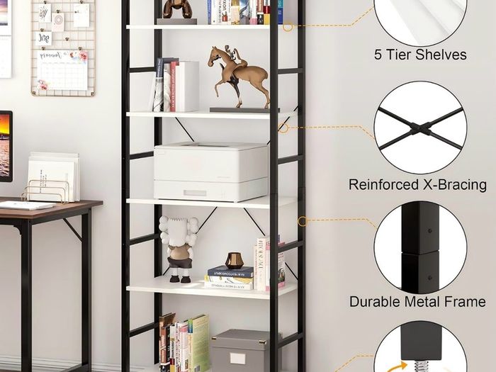 Industrial Bookshelf, 5-Tier 24.8" White Shelving Unit Wood Bookcase with Open Shelves, Rustic Standing Bookshelves Metal Frame Display Rack for Living Room,Bedroom, White