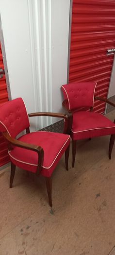 Pair of two very french antique chairs red upholstery oak wood nice stylish 1950s