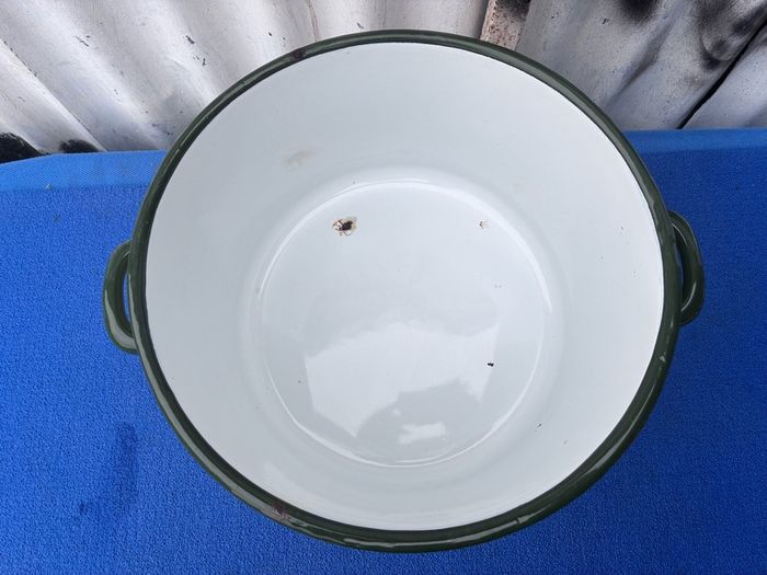 vintage circular enamel bread bin