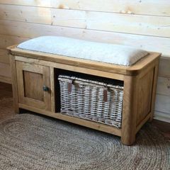 REDUCED Oak seat with wicker basket for hallway or end of the bed