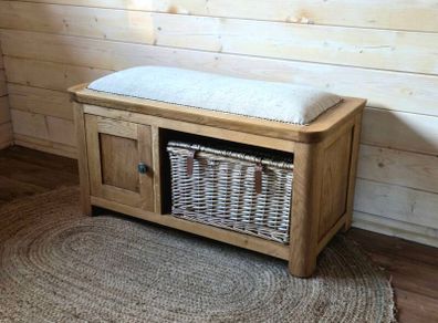 REDUCED Oak seat with wicker basket for hallway or end of the bed