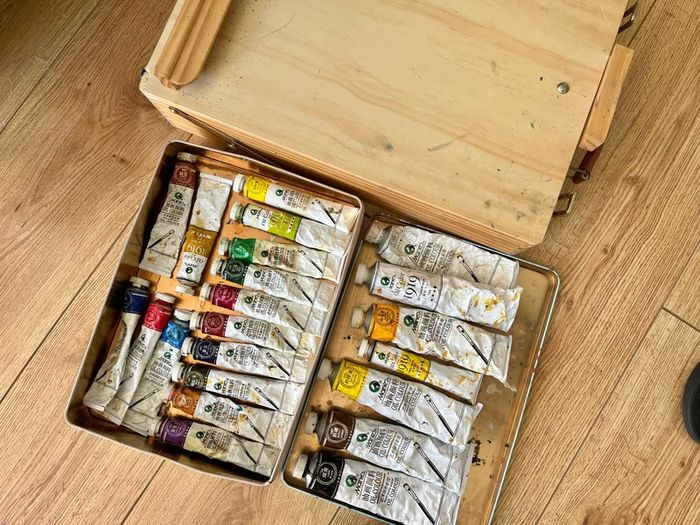 Oil paint color, brushes, frame, wooden box