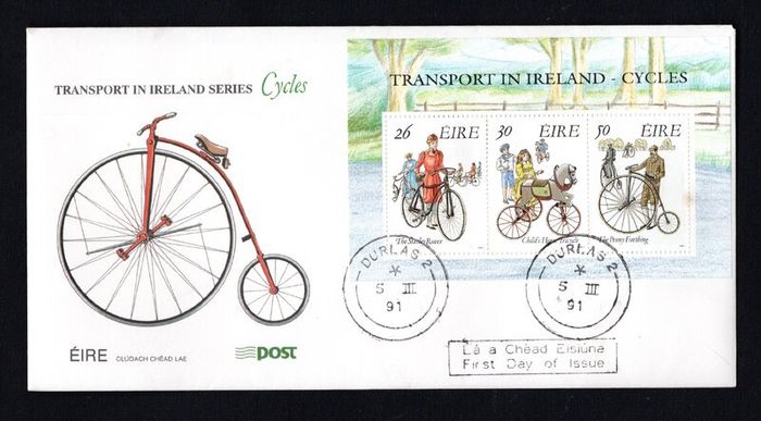 1991 Ireland Early Bicycles Commemorative Stamps Miniature Sheet An Post First Day Cover (FDC) with Durlas (Thurlas) cancel