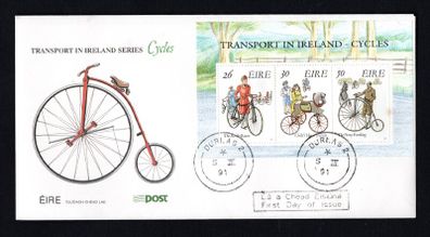 1991 Ireland Early Bicycles Commemorative Stamps Miniature Sheet An Post First Day Cover (FDC) with Durlas (Thurlas) cancel