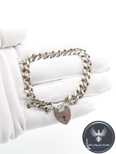 Signed Chunky Curb Chain Heart Padlock 925 Silver Bracelet