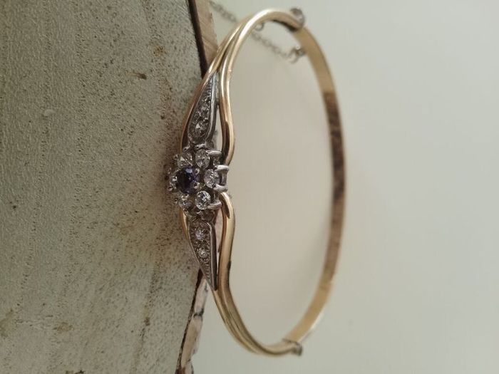 Vintage Rolled Gold Bangle Bracelet  Amethyst  Clear Stone Cluster