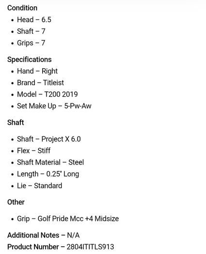 Titleist T200 2019 Irons / 5-Pw-Aw / Project X 6.0 Stiff