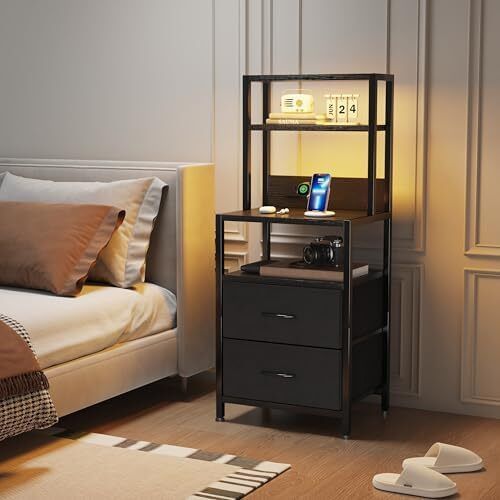 Bedside Table with Charging Station and LED Light Strips, Nightstand with Drawers, Bedside Cabinet for Living Room, Bed Side Table for Bedroom, Black