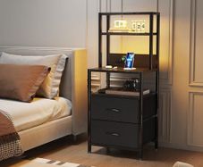 Bedside Table with Charging Station and LED Light Strips, Nightstand with Drawers, Bedside Cabinet for Living Room, Bed Side Table for Bedroom, Black