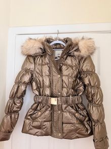 River Island Metallic Belted Puffer Coat with Faux Fur Hood - size UK 10