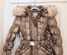 River Island Metallic Belted Puffer Coat with Faux Fur Hood - size UK 10