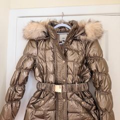 River Island Metallic Belted Puffer Coat with Faux Fur Hood - size UK 10