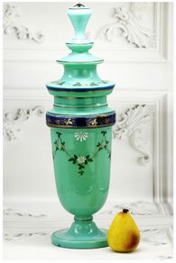 Antique Bristol Blue Opaline Glass Handpainted Urn Vase
