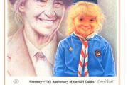 1985 Guernsey Limited Edition Lithographed Print measuring 333mm X 257mm showing 75th Anniversary of Girl Guide Movement Commemorative Stamp with First Day of Issue Cancel