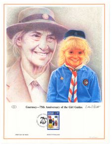 1985 Guernsey Limited Edition Lithographed Print measuring 333mm X 257mm showing 75th Anniversary of Girl Guide Movement Commemorative Stamp with First Day of Issue Cancel