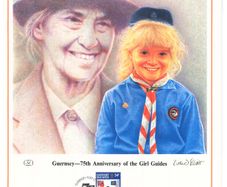 1985 Guernsey Limited Edition Lithographed Print measuring 333mm X 257mm showing 75th Anniversary of Girl Guide Movement Commemorative Stamp with First Day of Issue Cancel