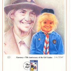1985 Guernsey Limited Edition Lithographed Print measuring 333mm X 257mm showing 75th Anniversary of Girl Guide Movement Commemorative Stamp with First Day of Issue Cancel