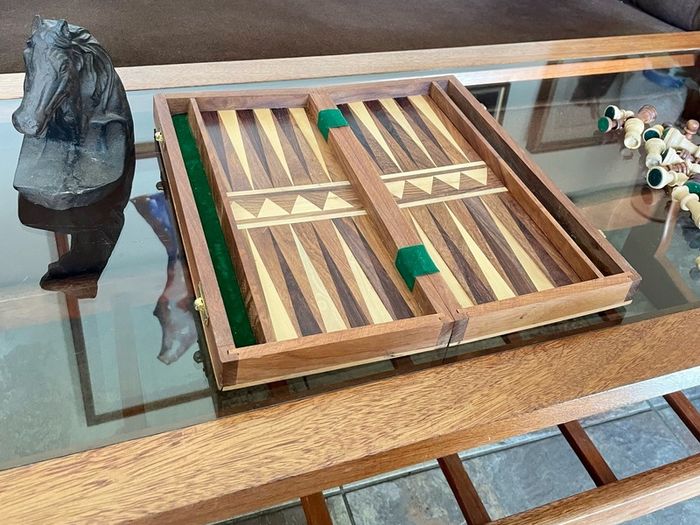 Vintage Marquetry Inlaid Folding Wooden Chess Board Chess Pieces Dice and Counters