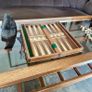 Vintage Marquetry Inlaid Folding Wooden Chess Board Chess Pieces Dice and Counters Image 6