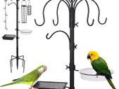 Bird Feeding Station, Bird Feeder pole 75 Inch Bird Feeder Stand with 7 Hooks, 2 Bird Feeders, Mesh Food Tray & Water Bow, 5-Prong Base for Outdoors Attracting Birds, Black