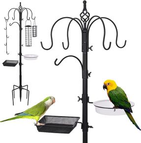 Bird Feeding Station, Bird Feeder pole 75 Inch Bird Feeder Stand with 7 Hooks, 2 Bird Feeders, Mesh Food Tray & Water Bow, 5-Prong Base for Outdoors Attracting Birds, Black