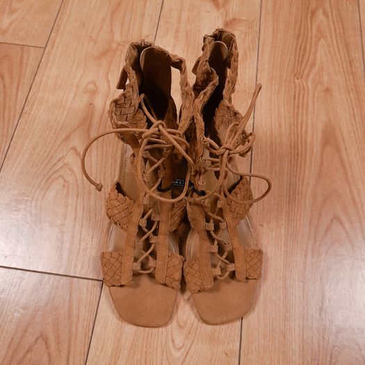 Zara Brown Tan Woven Lace-Up Gladiator Block Heel Sandals 6UK/39EU