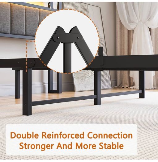 Double Bed Frame with Storage and LED Lights,4ft6 Metal Platform Bed Frame Double Size Bed Base with Charging Station,Mattress Base,Strong Slats Support,Under-bed Storage,Noise Free,Grey