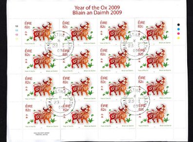 2009 Ireland Chinese Year of the Ox Stamp Sheetlet Plate 1A1A1A1A Fine CDS Used with Dublin cancel of 23rd January 2009 (First day of issue) on envelope extract.