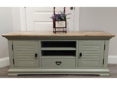 Hand-Painted TV Console, Cabinet, Solid Wood Top & Storage