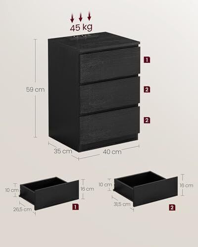 Set of 2 Bedside Tables 3 Drawers 2 AC Outlets, 2 USB Ports
