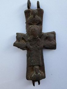 Ancient Byzantine / Medieval Bronze Encolpion Reliquary Cross (10th-13th Century)
