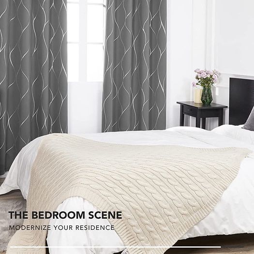 MULTIPLE SIZES AVAILABLE Blackout Curtains, Thermal Insulated Curtains, Wave Line Foil Printed Ring Top Curtains for Girls Bedroom, 46 x 54 Inch(Width x Length), Light grey, 2 panels (FREE SHIPPING)