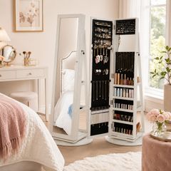 Rotating Jewellery Cabinet with Full Length Mirror Lockable Storage Rustic Brown