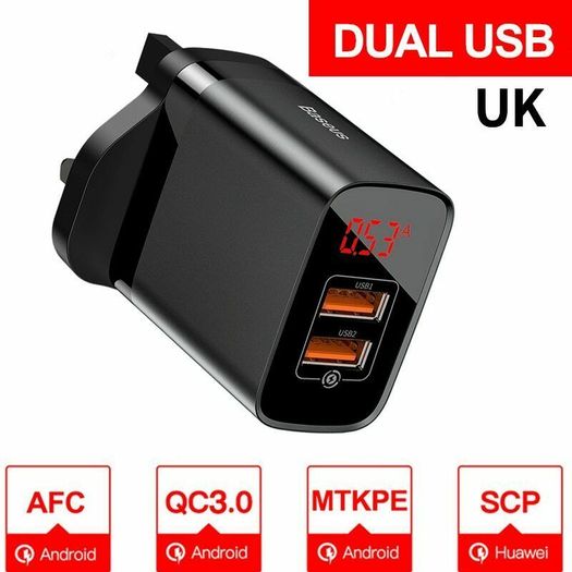 2 X Baseus QC 3.0 Dual USB Ports 18W Fast Wall Charger UK Plug (Brand New/Warranty)