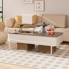 3-Partition Industrial Tables, Pull-Out Drawer, Stable Metal Frame & Hidden Storage, Centre Table for Living Room, Small Space, Home Office