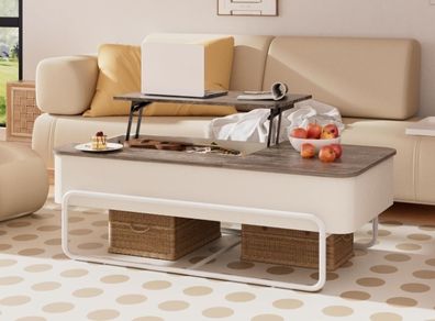 3-Partition Industrial Tables, Pull-Out Drawer, Stable Metal Frame & Hidden Storage, Centre Table for Living Room, Small Space, Home Office