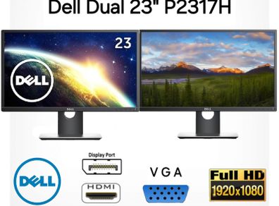 Dual Dell 23" P2317h Led Ips Monitors Full Hd (1080p) Hdmi, Displayport And Vga