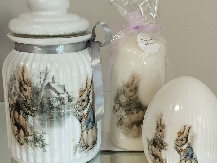 Handmade Beautiful Bunnies egg, candle and jar