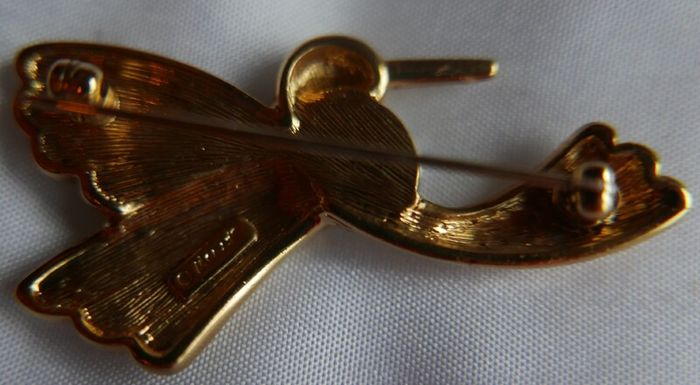 Vintage Monet Gold Plate Crystal Jelly Belly Hummingbird Brooch and Box